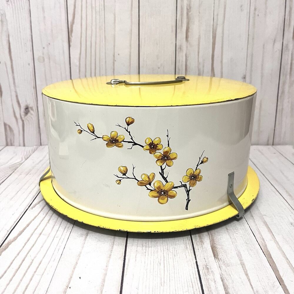 VINTAGE DECOWARE TRIPLE TULIP FLORAL SPRING TIME PATTERN MCM TIN CAKE Holder 50s